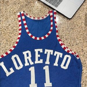 Blue Loretto Tank Top with Red and White Trim